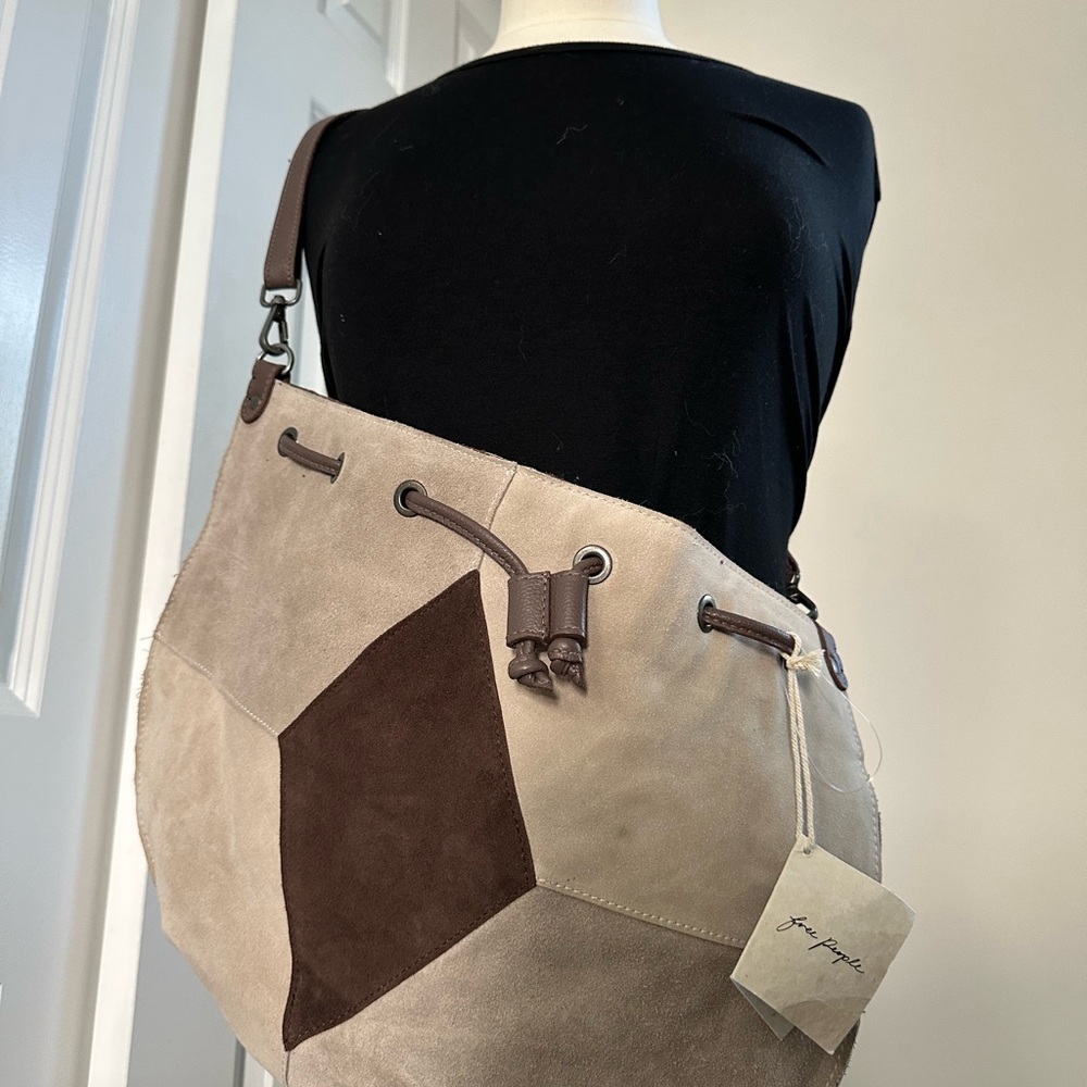 Suede Drawstring Bucket Bag in Taupe - Picture 4 of 7